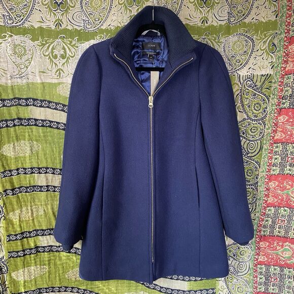 NWT J. Crew Navy Italian Wool Blend Stadium Cloth Lodge Coat Size 00 - Picture 1 of 16